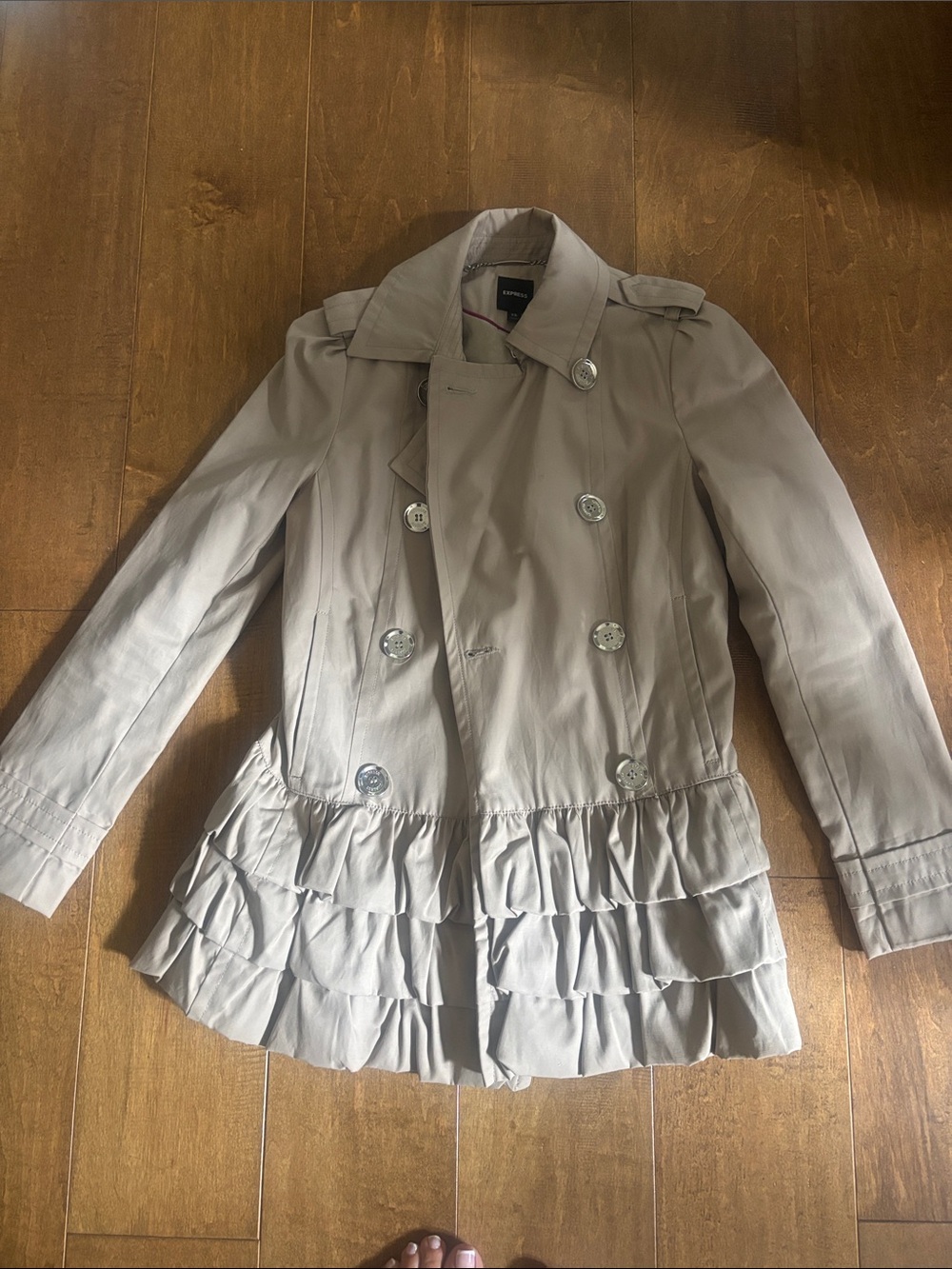 Express Beige Ruffle-Hem Trench Coat